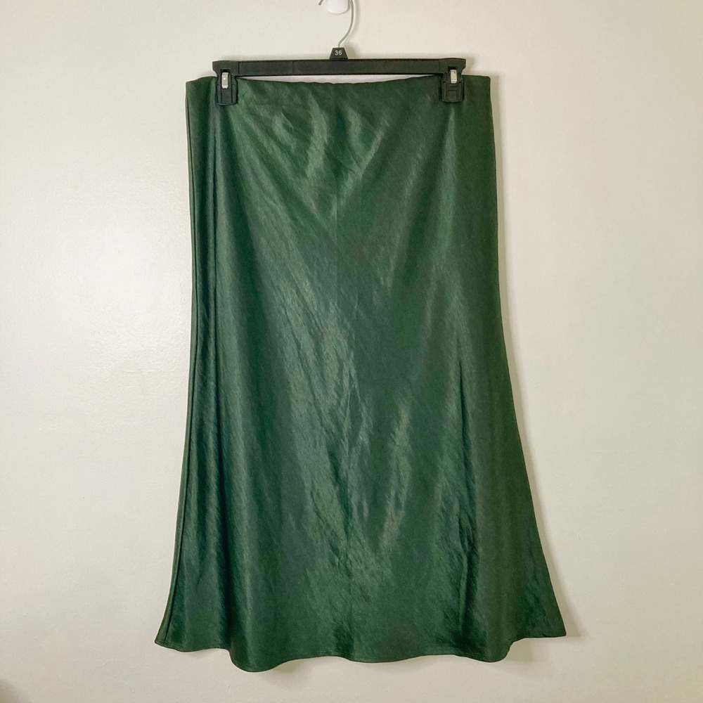 Emerald Green Satin Midi Slip Skirt LC Lauren Conrad L Chic Office Evening Wear